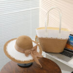Straw Bag and Hat Set for Women, Beach Vacation, Versatile Sun Protection Wide Brim Hat, Commute Travel Large Capacity Tote Bag - imagine 18