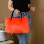 Winter Bright Color Women's Faux Fur Boston Handbag Fashion Fluffy Plush Spliced Pu Leather Tote Bag High Quality Bolsa Feminina - imagine 10