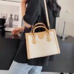 High Quality Leather Shoulder Bag For Women Luxury Alligator Handbag Designer Women Bag Retro Bamboo Handle Tote Bag Female - imagine 5