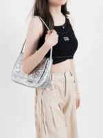 Pleated Korean Women's Underarm Shoulder Bag Brand Silver Trend Flap Clutch Purse and Wallet Small Chic Lady Hobo Tote - imagine 3