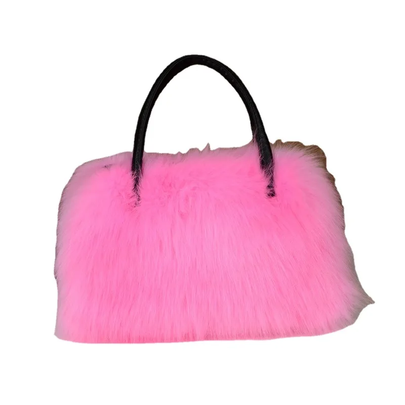 556936309 Winter Bright Color Women's Faux Fur Boston Handbag Fashion Fluffy Plush Spliced Pu Leather Tote Bag High Quality Bolsa Feminina - imagine 1