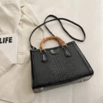 High Quality Leather Shoulder Bag For Women Luxury Alligator Handbag Designer Women Bag Retro Bamboo Handle Tote Bag Female - imagine 8