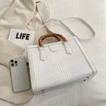 High Quality Leather Shoulder Bag For Women Luxury Alligator Handbag Designer Women Bag Retro Bamboo Handle Tote Bag Female - imagine 7
