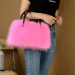 Winter Bright Color Women's Faux Fur Boston Handbag Fashion Fluffy Plush Spliced Pu Leather Tote Bag High Quality Bolsa Feminina - imagine 11