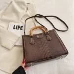 High Quality Leather Shoulder Bag For Women Luxury Alligator Handbag Designer Women Bag Retro Bamboo Handle Tote Bag Female - imagine 11