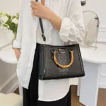 High Quality Leather Shoulder Bag For Women Luxury Alligator Handbag Designer Women Bag Retro Bamboo Handle Tote Bag Female - imagine 3