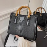 High Quality Leather Shoulder Bag For Women Luxury Alligator Handbag Designer Women Bag Retro Bamboo Handle Tote Bag Female - imagine 6