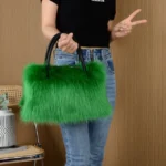 Winter Bright Color Women's Faux Fur Boston Handbag Fashion Fluffy Plush Spliced Pu Leather Tote Bag High Quality Bolsa Feminina - imagine 9
