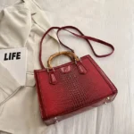 High Quality Leather Shoulder Bag For Women Luxury Alligator Handbag Designer Women Bag Retro Bamboo Handle Tote Bag Female - imagine 9