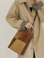 Plaid Suede Woman Bucket Bag 2pcs Set Elegant Female Shoulder Purse Large Capacity Vintage Ladies Crossbody Hobo Bag - imagine 6