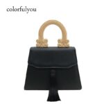 Vintage Tassel Handbag with Wooden Handle Women Black PU Leather Handbags Dinner Clutch Bag for Ladies Tote Bag