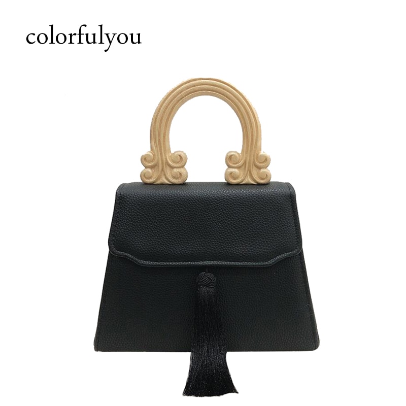 556934628 Vintage Tassel Handbag with Wooden Handle Women Black PU Leather Handbags Dinner Clutch Bag for Ladies Tote Bag - imagine 1