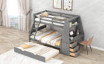 Twin over Full Bunk Bed with Trundle and Built-in Desk, Three Storage Drawers and Shelf,Gray - imagine 3