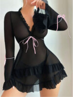 Sexy Mesh Sheer Long Sleeve Ruffle Hem Nightgown Set - imagine 6