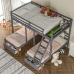 Full over Twin & Twin Bunk Bed,Triple Bunk Bed with Drawers, Gray - imagine 2