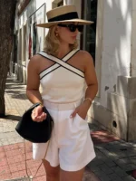 Women Sexy Contrast Sleeveless Backless Top Fashion Elegant Crossover V Neck Casual Vest Summer Female High Street Tops - imagine 4