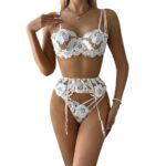 Sexy Sheer Lace Embroidered Hollow-out Shapewear Erotic Lingerie Garter Belt Three-piece Set