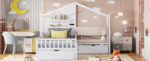 Twin Size House Bed with Upholstered Sofa, House Bed with Charging Station, Wireless Charging, Shelves and Two Drawers, White - imagine 10