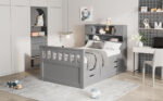 Twin Size Captain Platform Bed Frame with Storage Bookcases and Shelves,Four Drawers, Gray - imagine 11