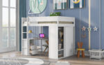 Wood Full Size Loft Bed with Wardrobes and 2-Drawer Desk with Cabinet, White - imagine 3