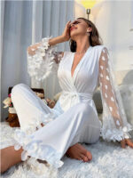 Sexy Satin Lace Heart Trumpet Sleeve Pajama Long Pants Set - imagine 8