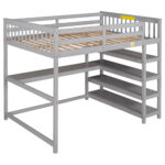 Full Size Loft Bed with Storage Shelves and Under-bed Desk, Gray - imagine 7