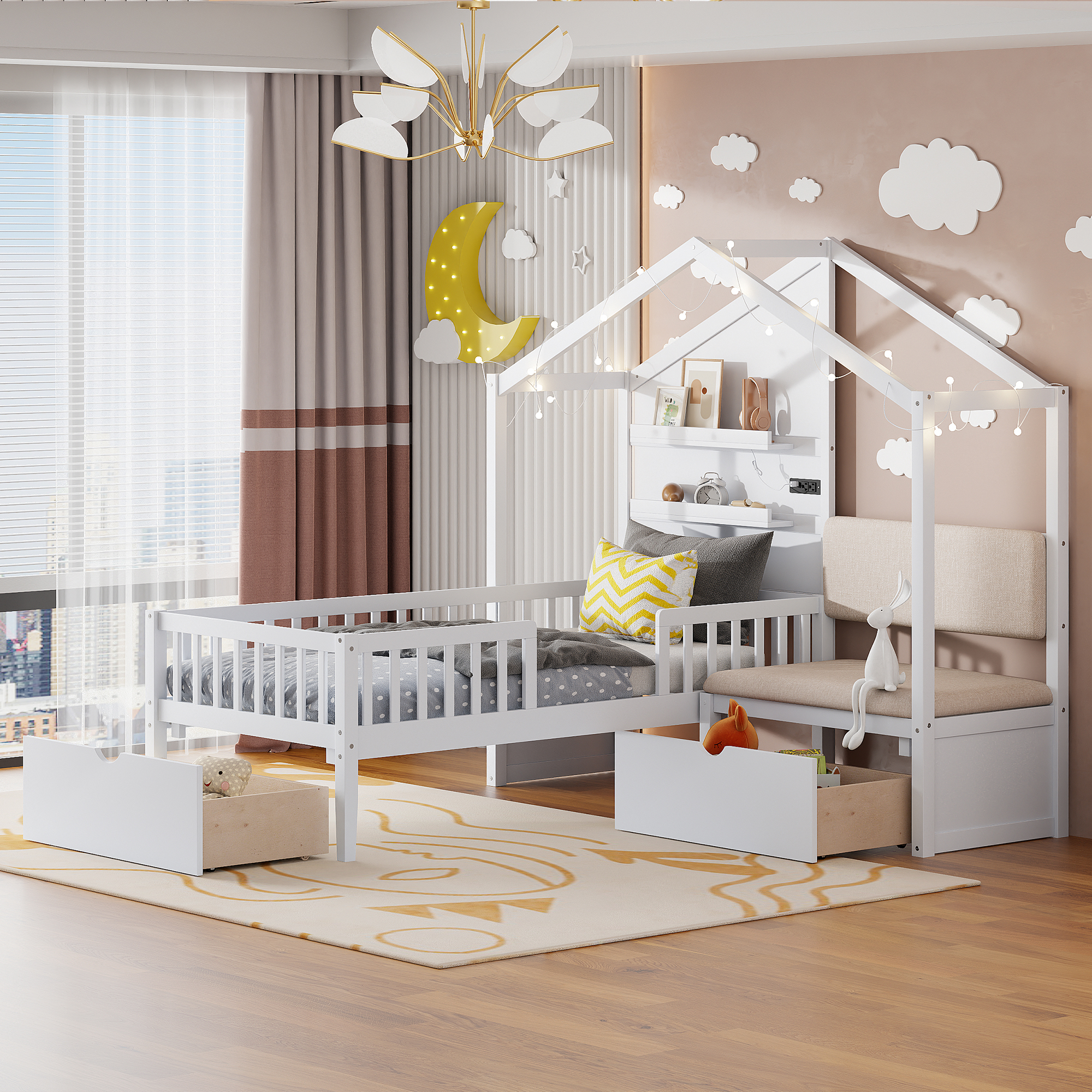 558113119 Twin Size House Bed with Upholstered Sofa, House Bed with Charging Station, Wireless Charging, Shelves and Two Drawers, White - imagine 1