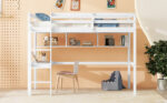 Twin Loft Bed with built-in desk and bookcase of three compartments, Guardrails and Ladder,White - imagine 14