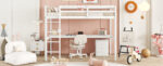 Twin Loft Wood Bed with Under-bed, Built-in Desk, a Storage Cabinet of 2 Drawers, Guardrails, Ladder,White - imagine 5