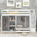 Functional Loft Bed with 3 Shelves, 2 Wardrobes and 2 Drawers, Ladder with Storage, No Box Spring Needed, White - imagine 7
