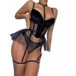 Style Sexy Lingerie Set with Mesh and Velvet Splicing Transparent Three-Piece Suit - imagine 5