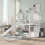 Twin over Twin House Bunk Bed with Convertible Slide,Storage Staircase,White - imagine 7