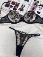 Sexy Lace Underwear Ultra-thin Transparent Heavy Embroidery Tulle Anti-Drop Bra Set - imagine 8