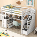 Twin Size Loft Bed with Desk and Shelves Two Built-in Drawers Storage Staircase White - imagine 10
