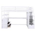 Twin Size Loft Bed with Desk and Shelves Two Built-in Drawers Storage Staircase White - imagine 12