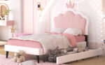 Twin cushion princess bed with crown headboard and 2 drawers with headboard and footrest, pink+white - imagine 14