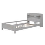Wood Twin Size Platform Bed with Built-in LED Light Storage Headboard and Guardrail Antique Grey - imagine 13