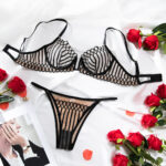 Shell Lace Bra Set - Ultra-thin Mesh Embroidered Underwire Gathered Sexy Deep U Transparent Bra Suit - imagine 6