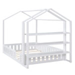 Full Size Wood House Bed with Fence and Detachable Storage Shelves, White - imagine 14