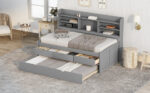 Twin Size Wooden Captain Bed with Built-in Bookshelves,Three Storage Drawers and Trundle Light Grey - imagine 15