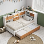 L-shaped bed frame with luggage and bookshelf, corner bed wooden captain's bed LED tube light and USB port walnut and white - imagine 5