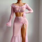 Transparent Mesh Uniform Temptation High Slit Long Skirt Erotic Lingerie Set - imagine 3