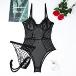 Sexy Grid Spliced Black PU Leather Lace Tight-Fitting Strapless Jumpsuit Set - imagine 6
