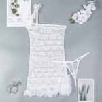 White Lace Romantic Flower Irregular Off-the-Shoulder One-Shoulder Strapless Dress with Sexy Sheer Bodycon Skirt - imagine 6