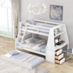 Twin over Full Bunk Bed with Trundle and Built-in Desk, Three Storage Drawers and Shelf,White - imagine 3