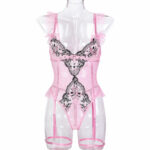 Pink Playful and Cute Girly Pure Temptation Style Sexy Underwear Embroidery Splicing Polka Dot Mesh Bodysuit - imagine 6