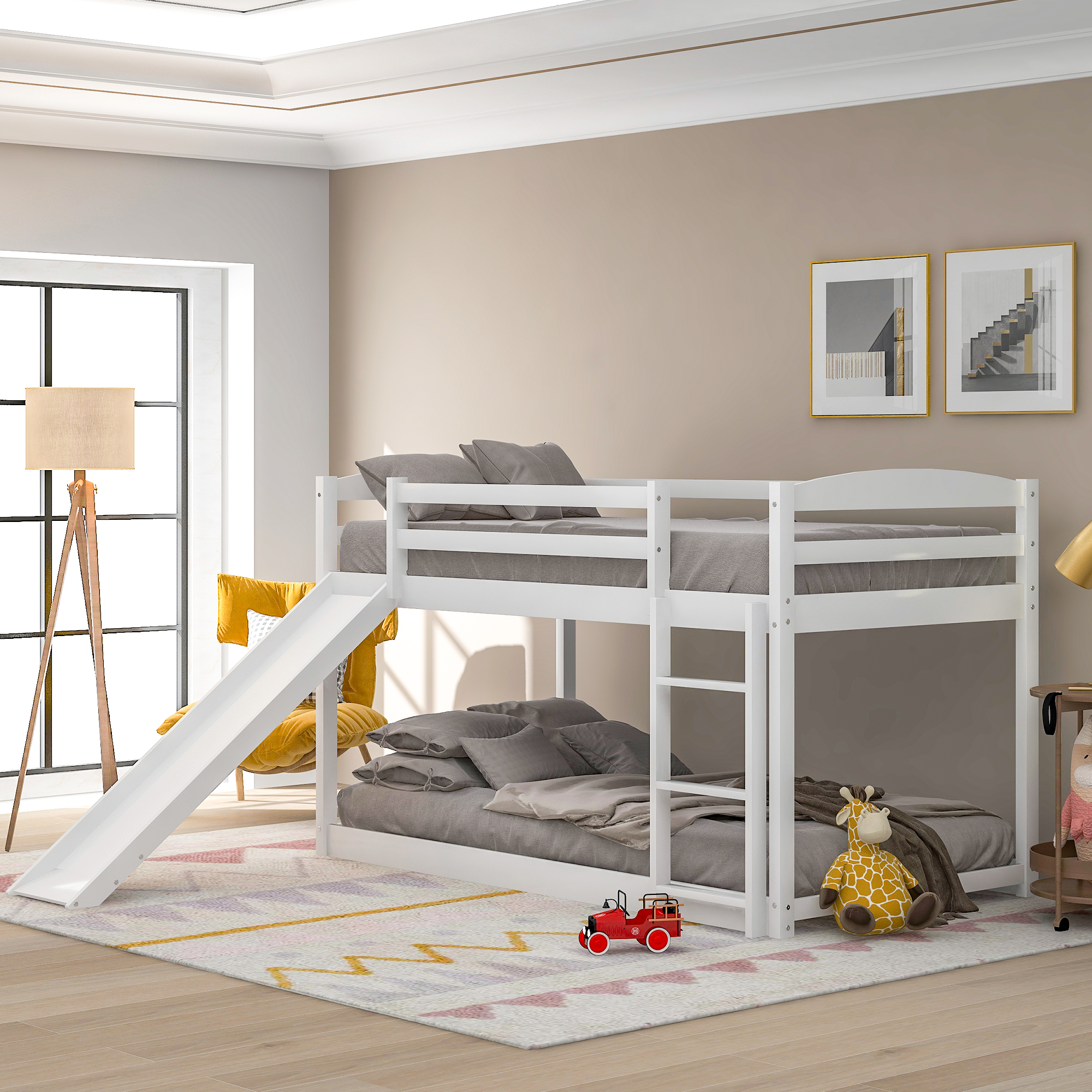 558114188 Twin over Twin Bunk Bed with Convertible Slide and Ladder White - imagine 1