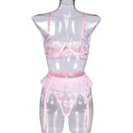 Sexy Lingerie Women's Pink Flower Embroidery Stitching Mesh Garter Belt Three-Piece Set - imagine 6