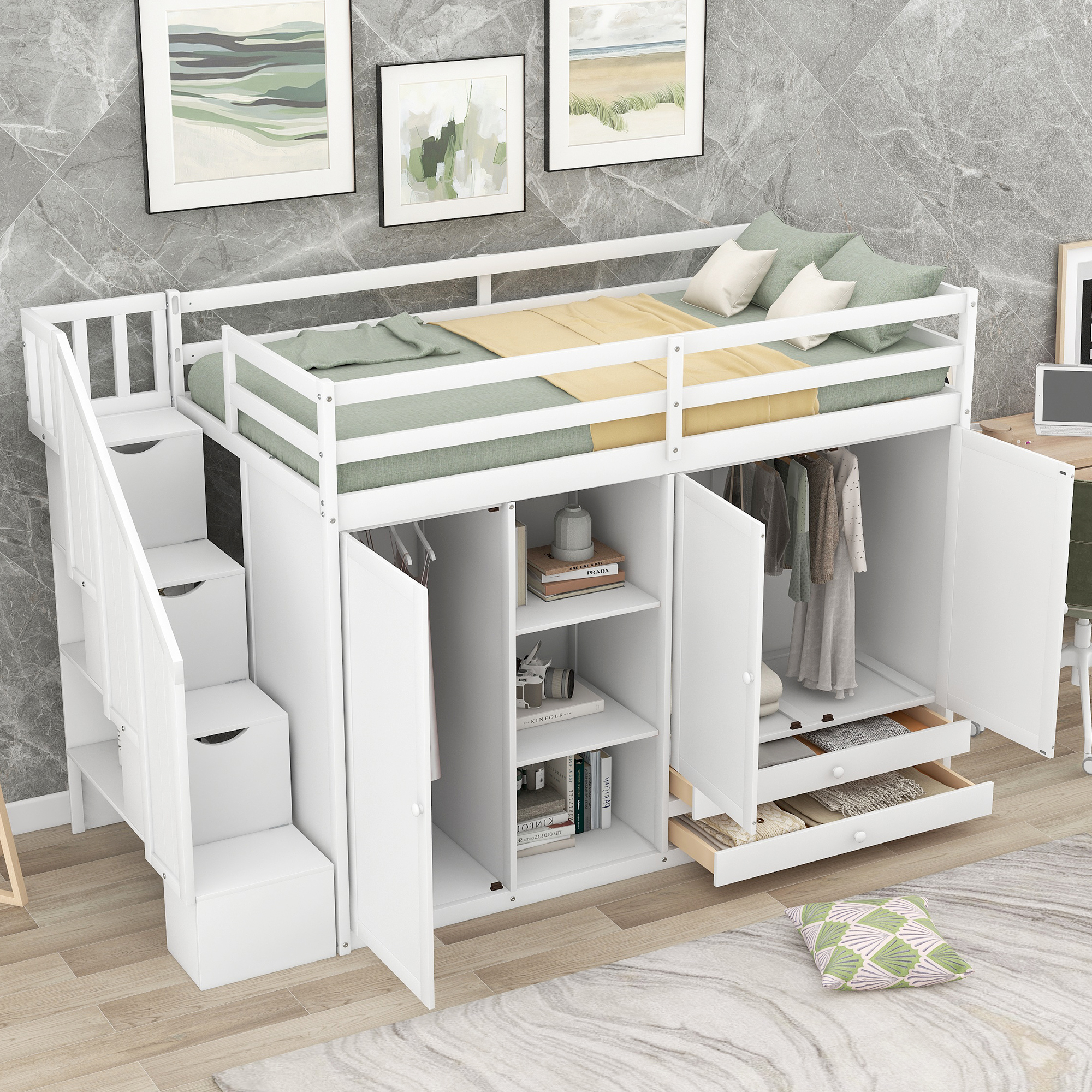558112854 Functional Loft Bed with 3 Shelves, 2 Wardrobes and 2 Drawers, Ladder with Storage, No Box Spring Needed, White - imagine 1