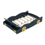 Full Size Race Car-Shaped Platform Bed with Wheels and Storage, Dark Blue+Yellow - imagine 17